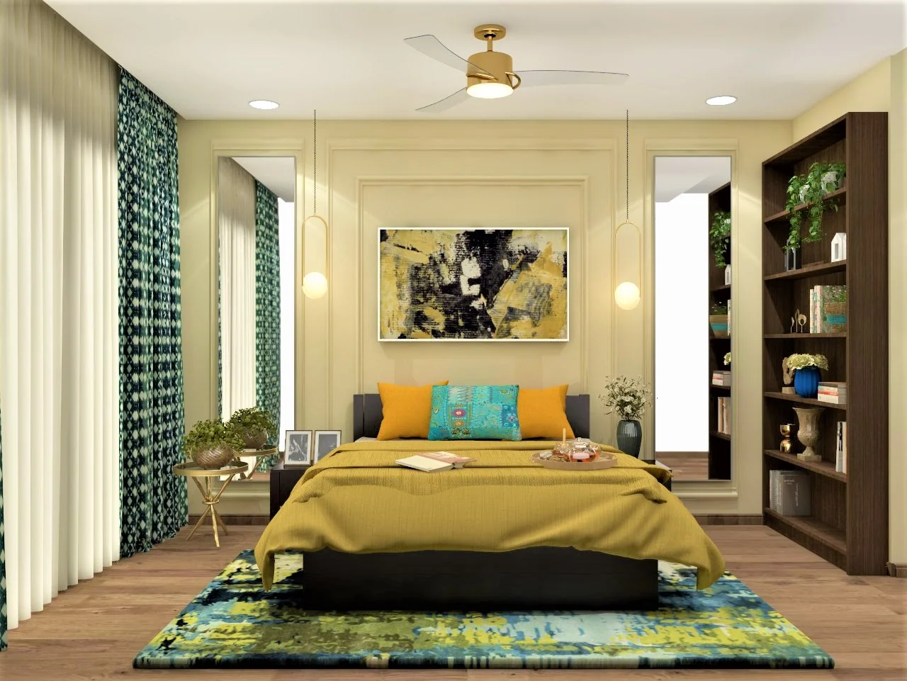 A bedroom with curtains, dressing table and bed