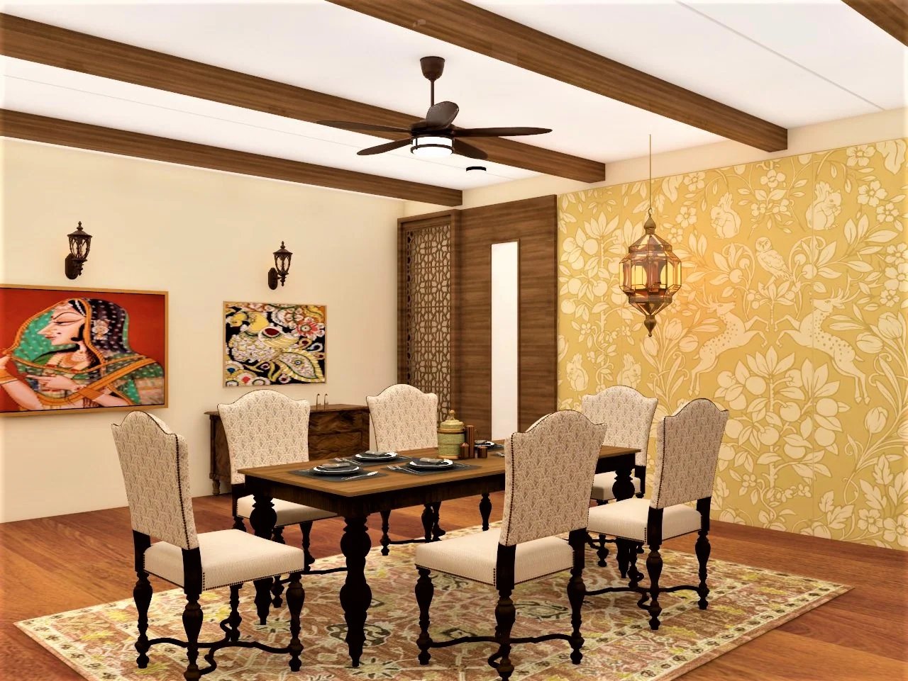 A dining room with wooden slats on the ceiling, a dining table with chairs, wallpaper and painting frames on the walls