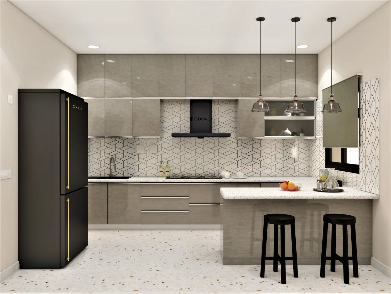 A kitchen with white and grey interiors and geometric wallpaper