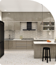 A kitchen with white and grey interiors and geometric wallpaper