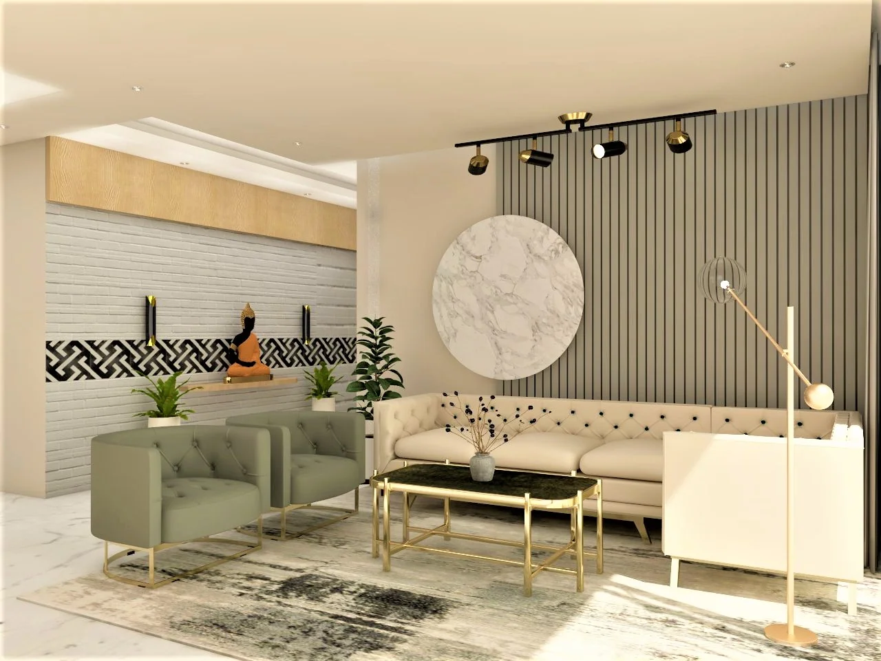 A Luxurious living room with white and olive green interiors