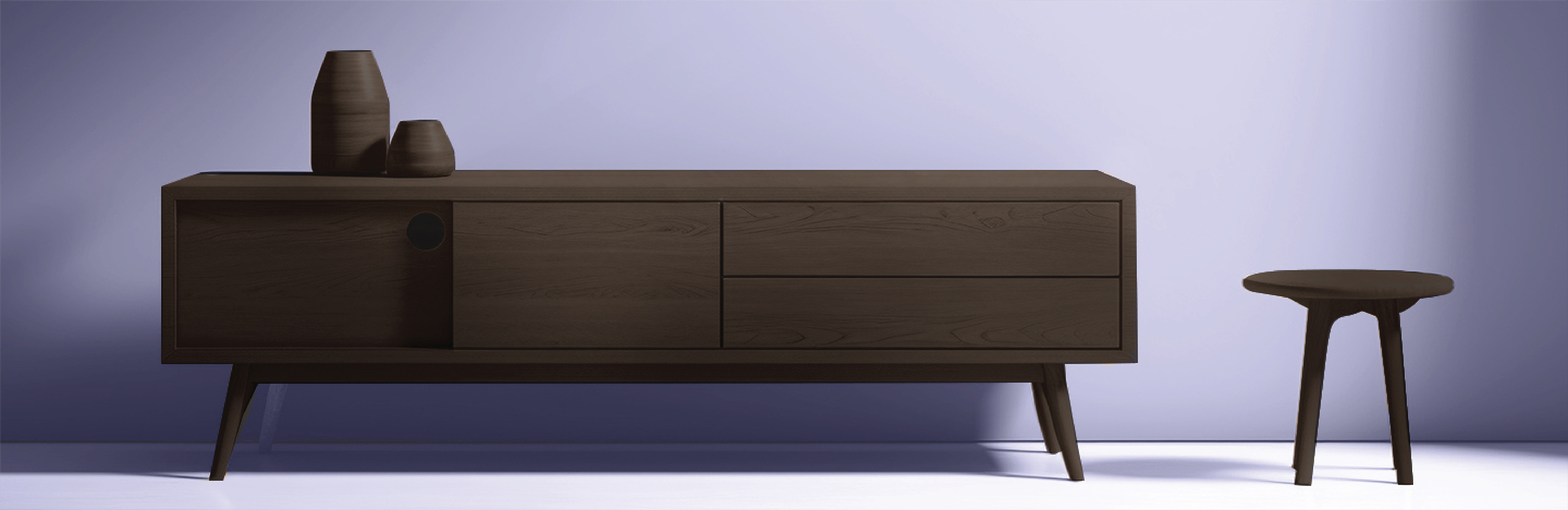 A wooden console table with clear finish placed against a purple wall.
