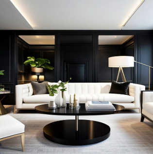 Wall painting with black and & with a white sofa - Asian Paints
