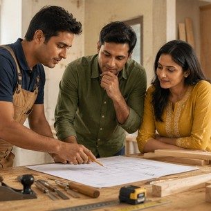 Professional Carpenter Working on Custom Home Furniture Professional Carpenter Working on Custom Home Furniture
