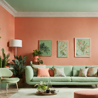 Coral and Light Green Colour Living Room - Asian Paints