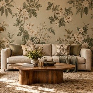 Harmonious Living Room Blending Patterned Wallpaper with Modern Décor Harmonious Living Room Blending Patterned Wallpaper with Modern Décor