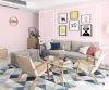 A living room decorated with a sofa set, accent chairs, and a coffee table with walls painted in the Essense shade.