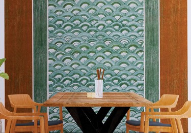 Tropical Dining Room Design Idea with Accent Wall