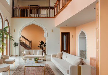 Traditional White and Orange Living Room