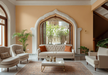 Minimalistic White and Orange Living Room