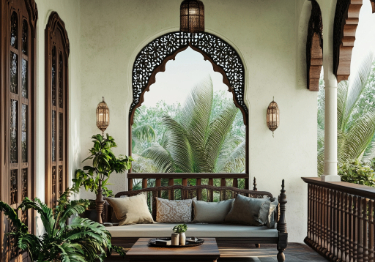 Elegant Ivory and Wooden Outdoor Space