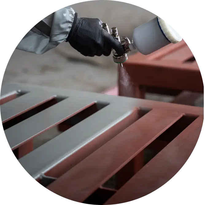 Application of metal primer using a mechanized sprayer. Asian Paints metal and wood primer collection.