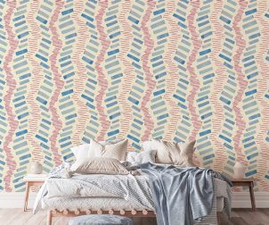 Beige and blue bedroom interior background, 3d render
