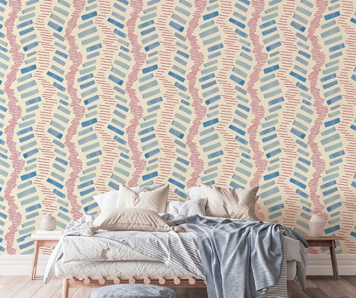 Beige and blue bedroom interior background, 3d render Beige and blue bedroom interior background, 3d render