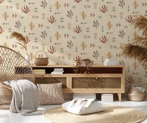 Mock up frame in home interior background, beige room with natural wooden furniture, Scandinavian style, 3d render