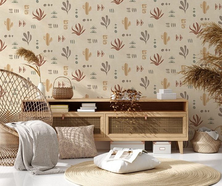 Mock up frame in home interior background, beige room with natural wooden furniture, Scandinavian style, 3d render