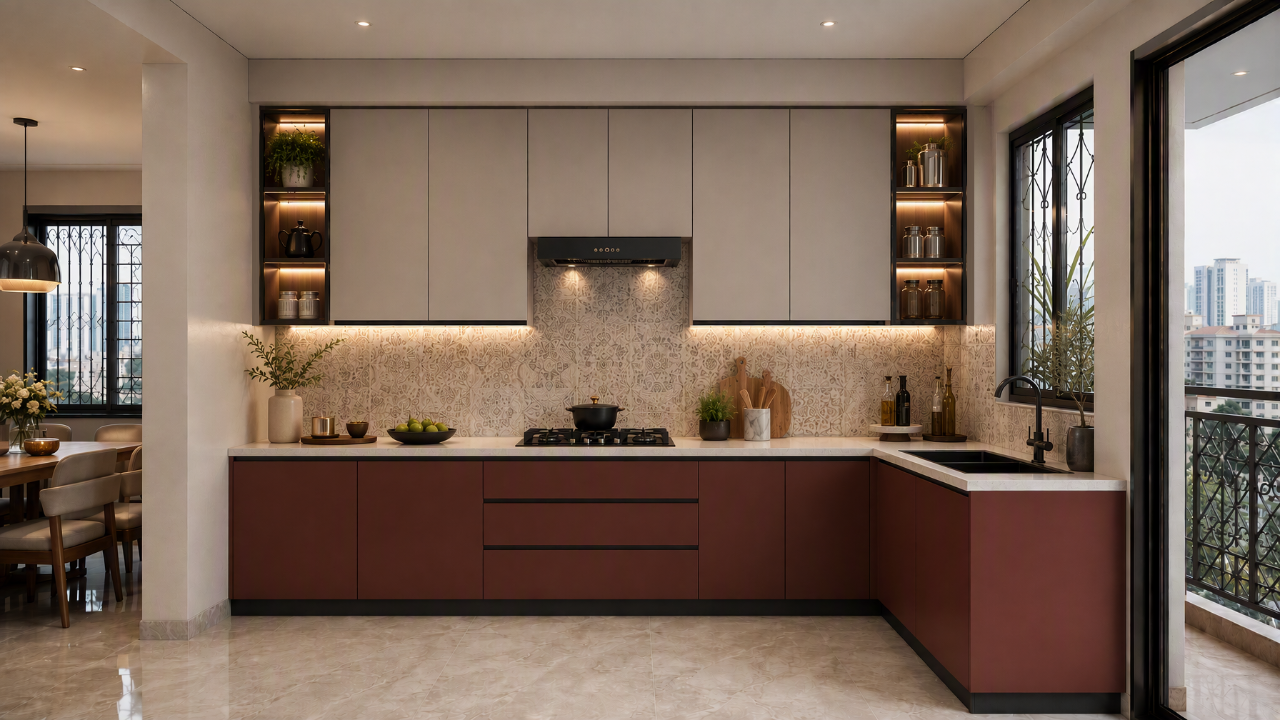 Stylish L-Shaped Kitchen with Warm Terracotta Accents Modern L-shaped kitchen with matte terracotta lower cabinets, beige upper cabinetry, white stone countertop, and patterned backsplash tiles - Beautiful Homes