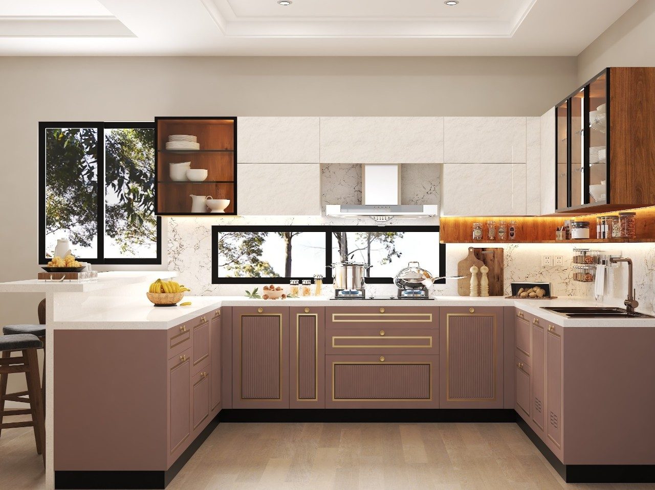 Modern Kitchen with Marble Backsplash U-shaped kitchen featuring gold-accented cabinets, marble backsplash, and large windows - Beautiful Homes