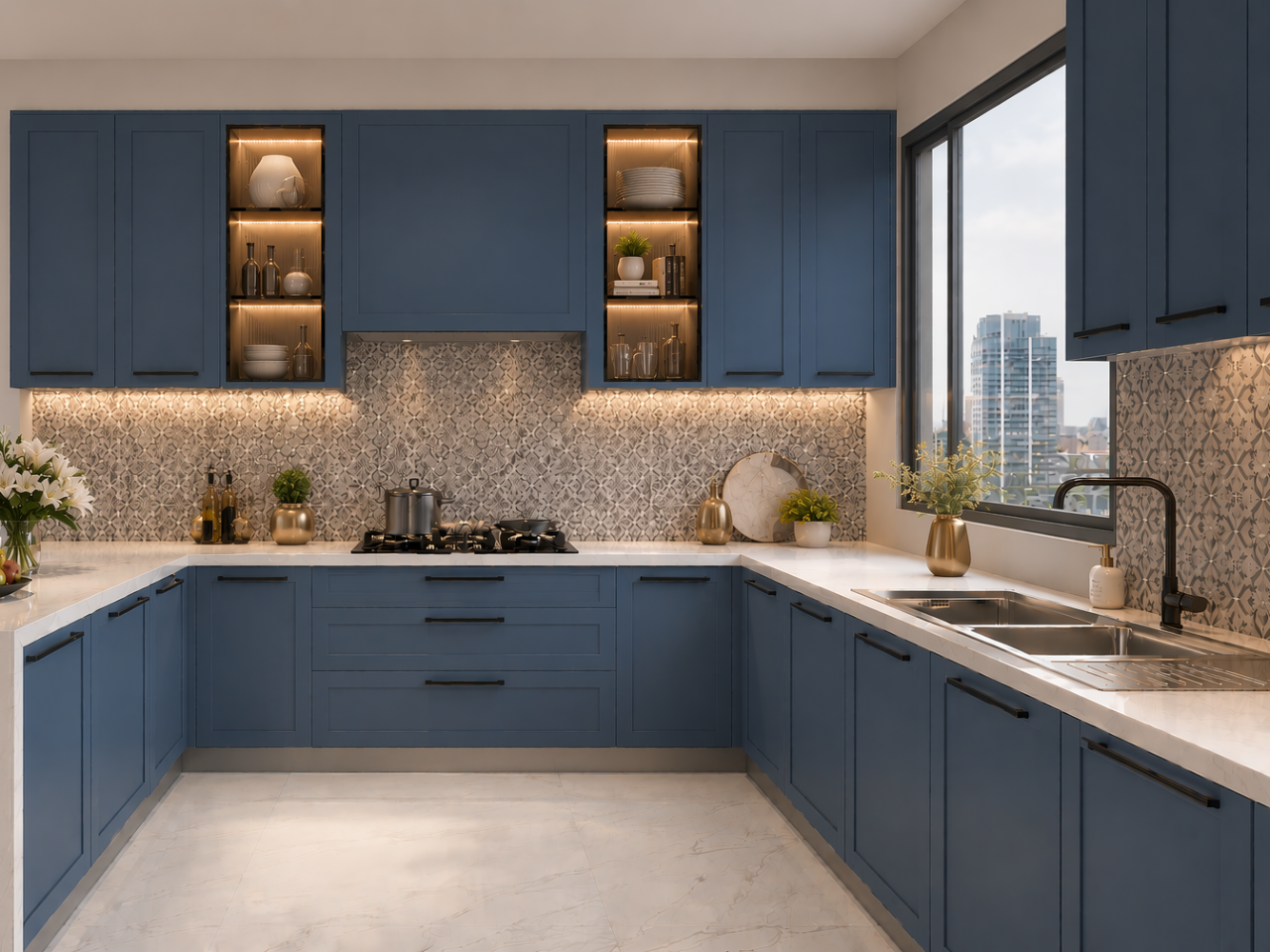Bold Navy Kitchen with Elegant Mosaic Charm U-shaped kitchen with matte navy blue cabinets, black handles, white marble countertop, patterned mosaic backsplash, and illuminated display shelves - Beautiful Homes