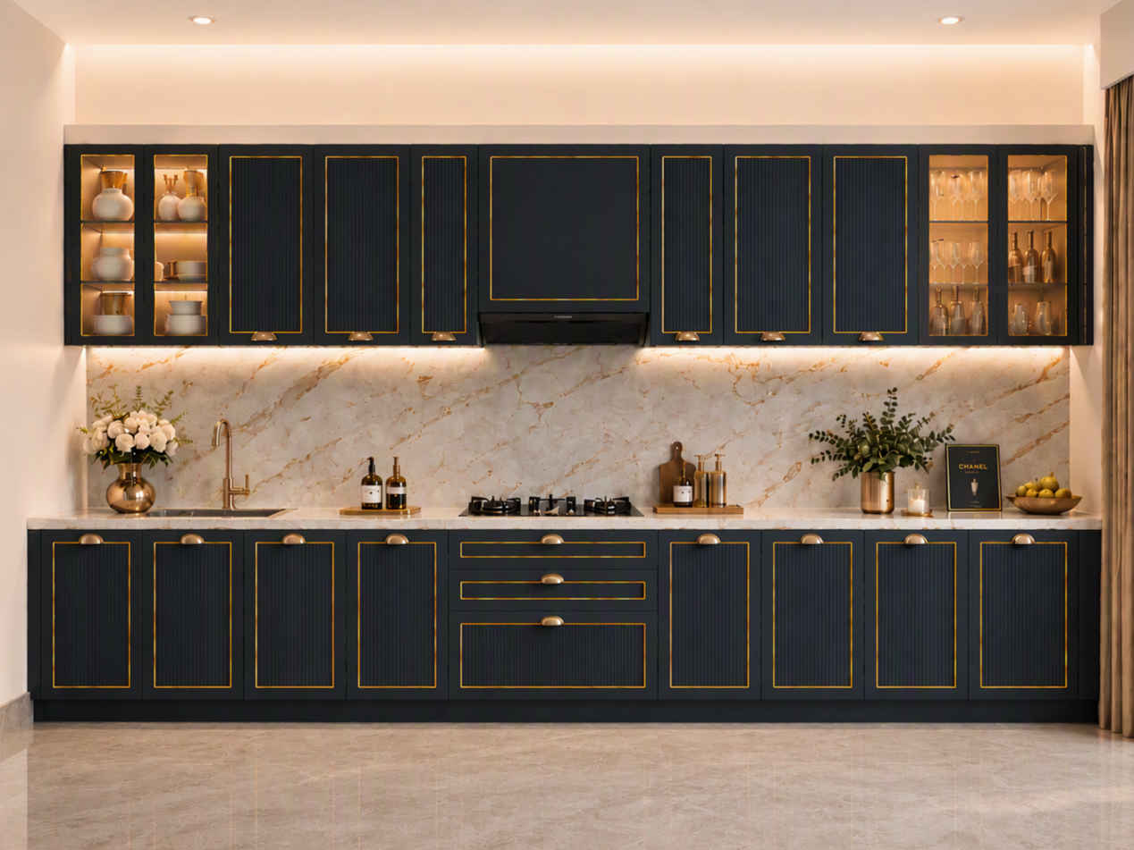 Luxurious Fluted Kitchen with Gold Accents Modern straight kitchen with dark fluted cabinetry, gold trim and handles, white marble backsplash and countertop - Beautiful Homes