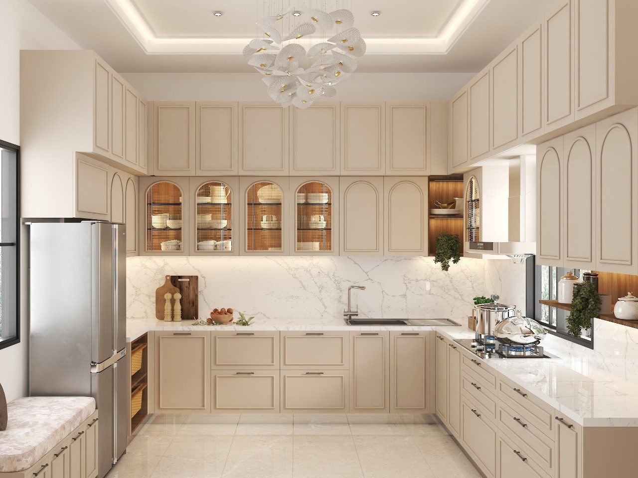 Modern Kitchen With Tall Storage Cabinets Beige kitchen with marble and storage cabinets - Beautiful Homes
