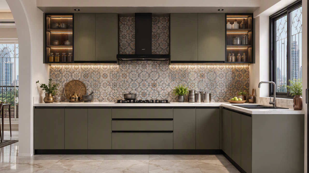 Contemporary Olive Kitchen with Artful Tile Detail Modern L-shaped kitchen with matte olive-green cabinets, white marble countertop, illuminated open shelves, and an intricate mosaic tile backsplash - Beautiful Homes