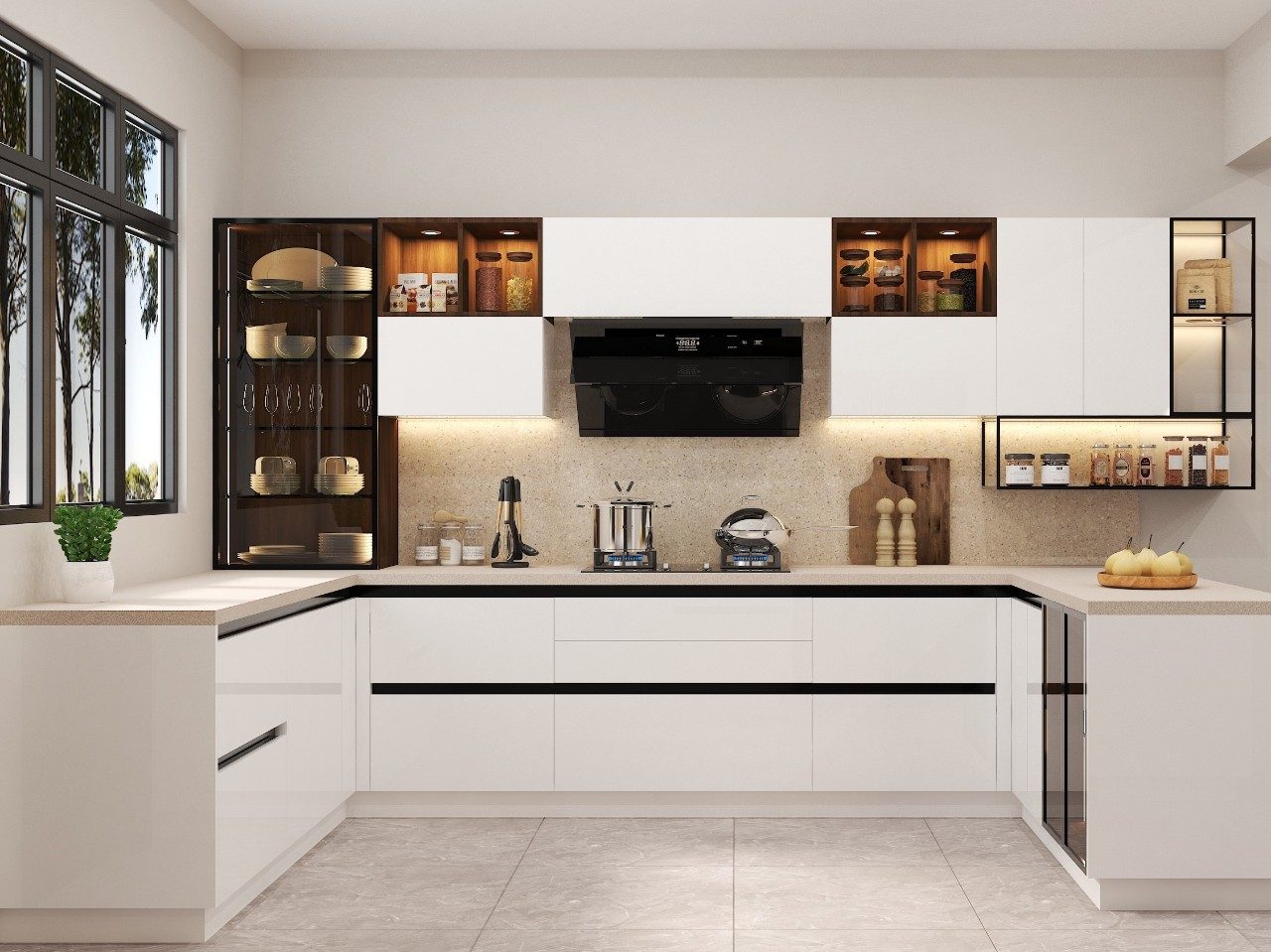 Modern kitchen featuring elegant storage Modern kitchen with white cabinets and marble countertops - Beautiful Homes