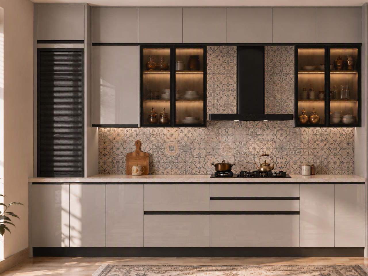 Light Grey Glossy Modular Kitchen with Patterned Moroccan Backsplash Modern light grey glossy modular kitchen featuring illuminated glass cabinets and a patterned Moroccan backsplash - Beautiful Homes
