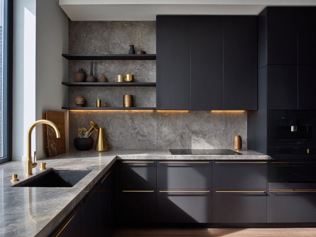 Contemporary Kitchen with Marble and Gold Accents Modern kitchen with grey marble and gold details - Beautiful Homes