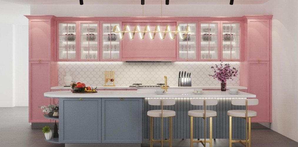 Grey and pink island kitchen with white backsplash tiles and glass cabinets Grey and pink island kitchen with white backsplash tiles and glass cabinets-Beautiful Homes