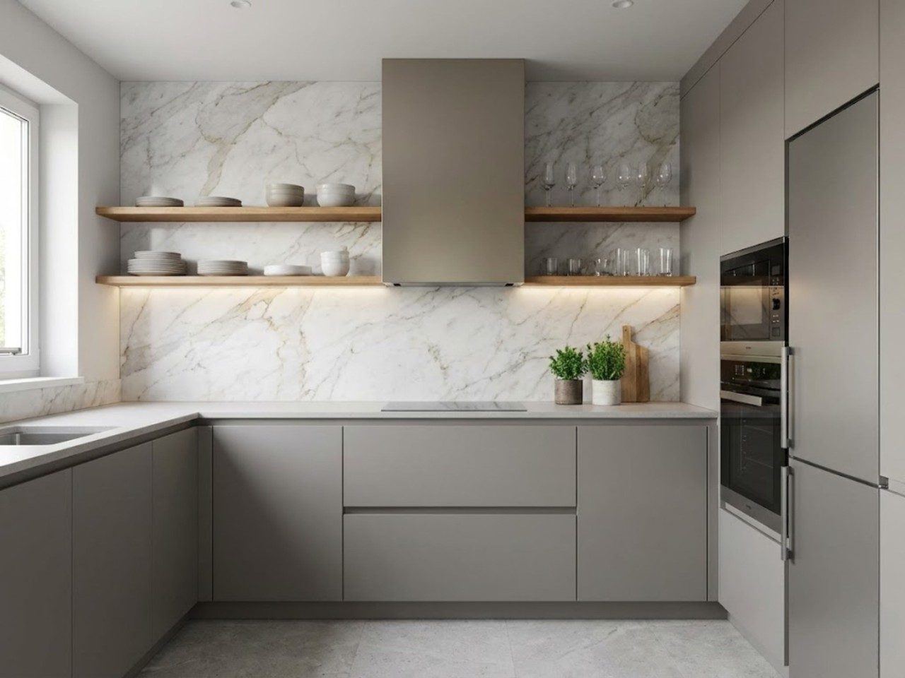 Elegant Kitchen Design with Ample Storage Contemporary kitchen with grey cabinets and marble wall - Beautiful Homes