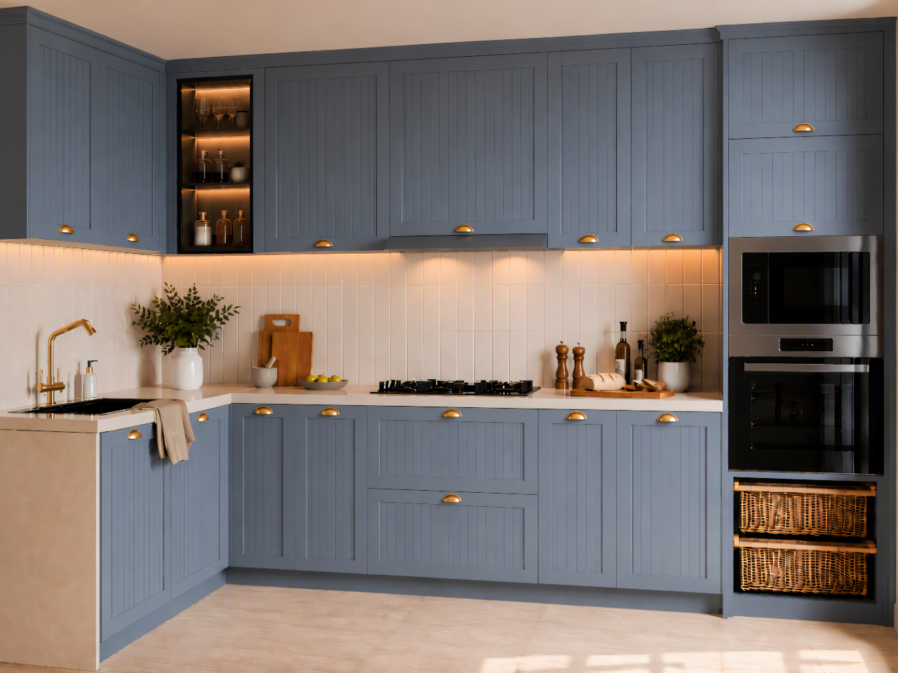 Chic Blue-Grey Kitchen with Warm Brass Touches L-shaped kitchen with dusty blue-grey beadboard cabinets, brass hardware, a light stone countertop, and vertical cream tile backsplash - Beautiful Homes