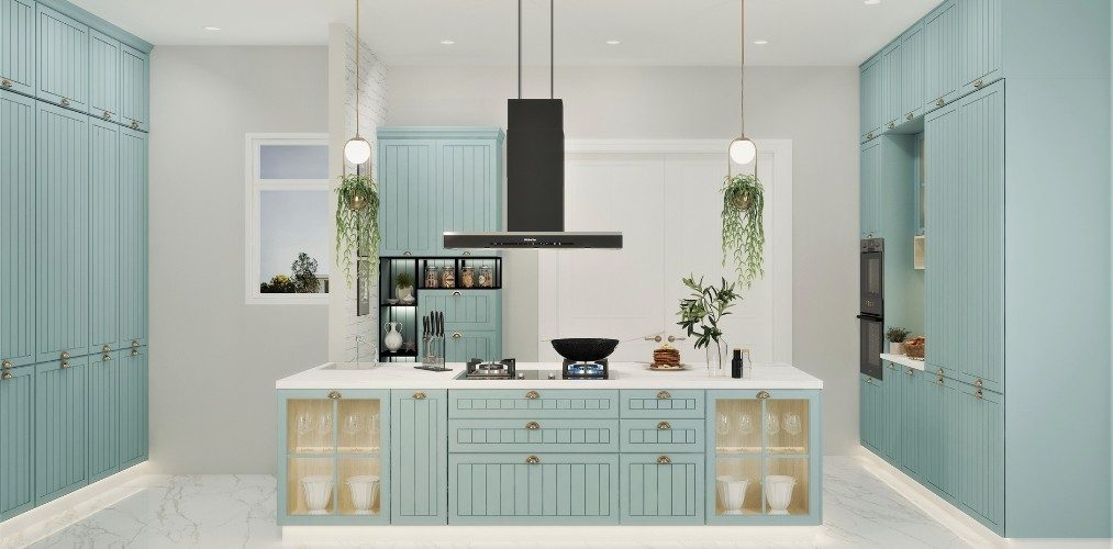 Island kitchen with white countertop and blue laminate with grooves Island kitchen with white countertop and blue laminate with grooves-Beautiful Homes