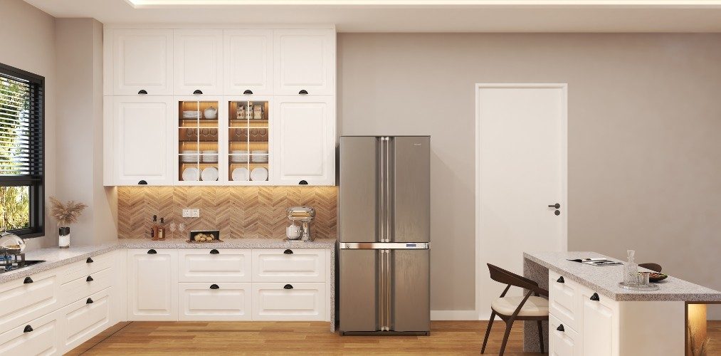 Kitchen cabinet with white PU shutters and wooden finish backsplash tiles Kitchen cabinet with white PU shutters and wooden finish backsplash tiles-Beautiful Homes