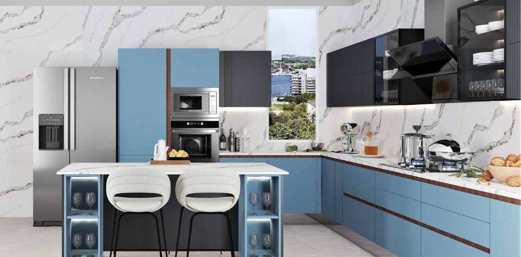 Design Ideas - 8 Kitchen design with blue cabinets and white marble wall tiles-Beautiful Homes