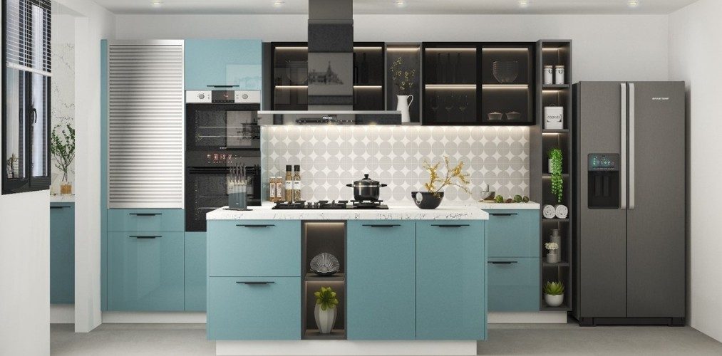 Design Ideas - 5 Kitchen with a mix of blue cabinets and black glass cabinets with rolling shutter-Beautiful Homes