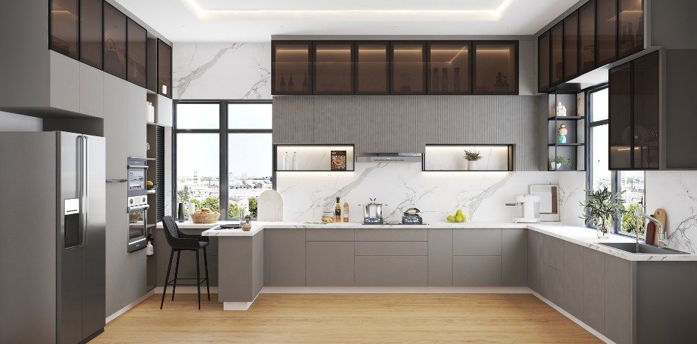 Kitchen with taupe coloured drawers and black glass cabinets Kitchen with taupe coloured drawers and black glass cabinets-Beautiful Homes
