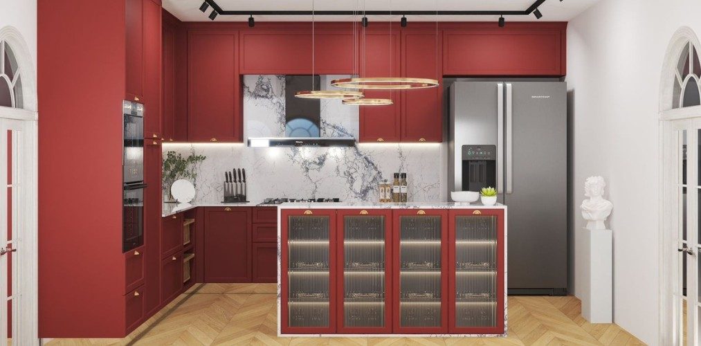 Design Ideas - 4 L shaped kitchen design with red cabinets and white marble backsplash-Beautiful Homes