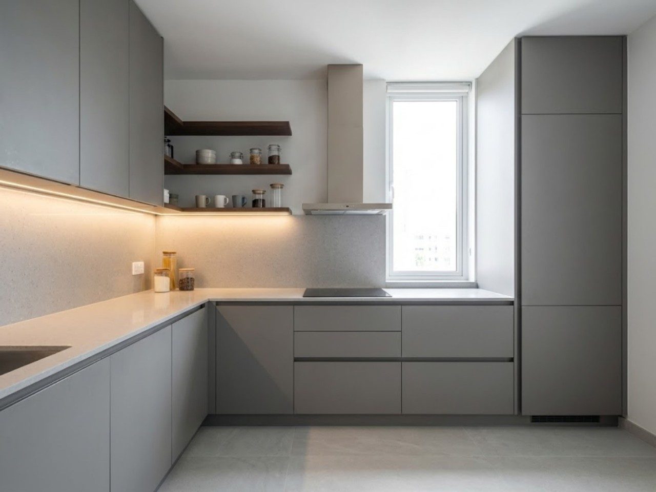 Contemporary Kitchen with Light Grey Cabinets L-shaped kitchen with grey cabinets and natural light - Beautiful Homes