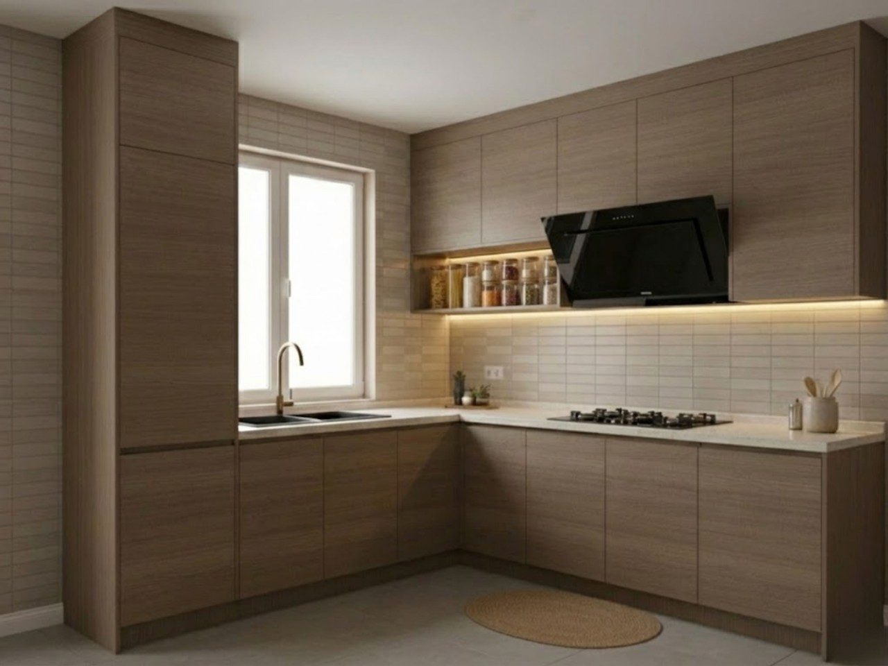 L Shaped Kitchen with Sleek Wood Cabinets L shaped kitchen with wooden cabinets and lighting - Beautiful Homes