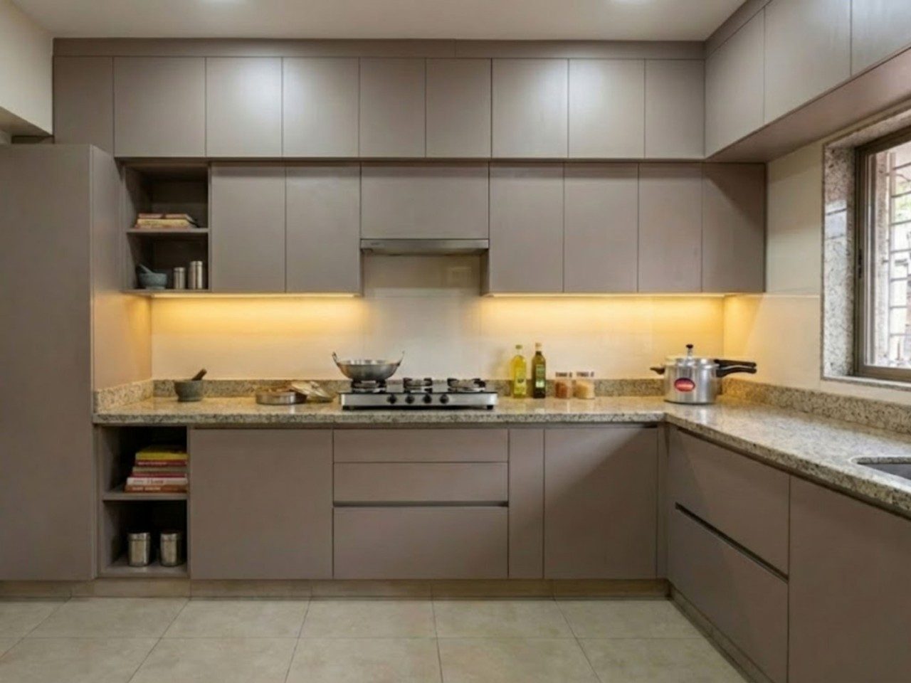 Modern L Shaped Kitchen with Granite Counters Modern kitchen with pastel cabinets and granite counters - Beautiful Homes