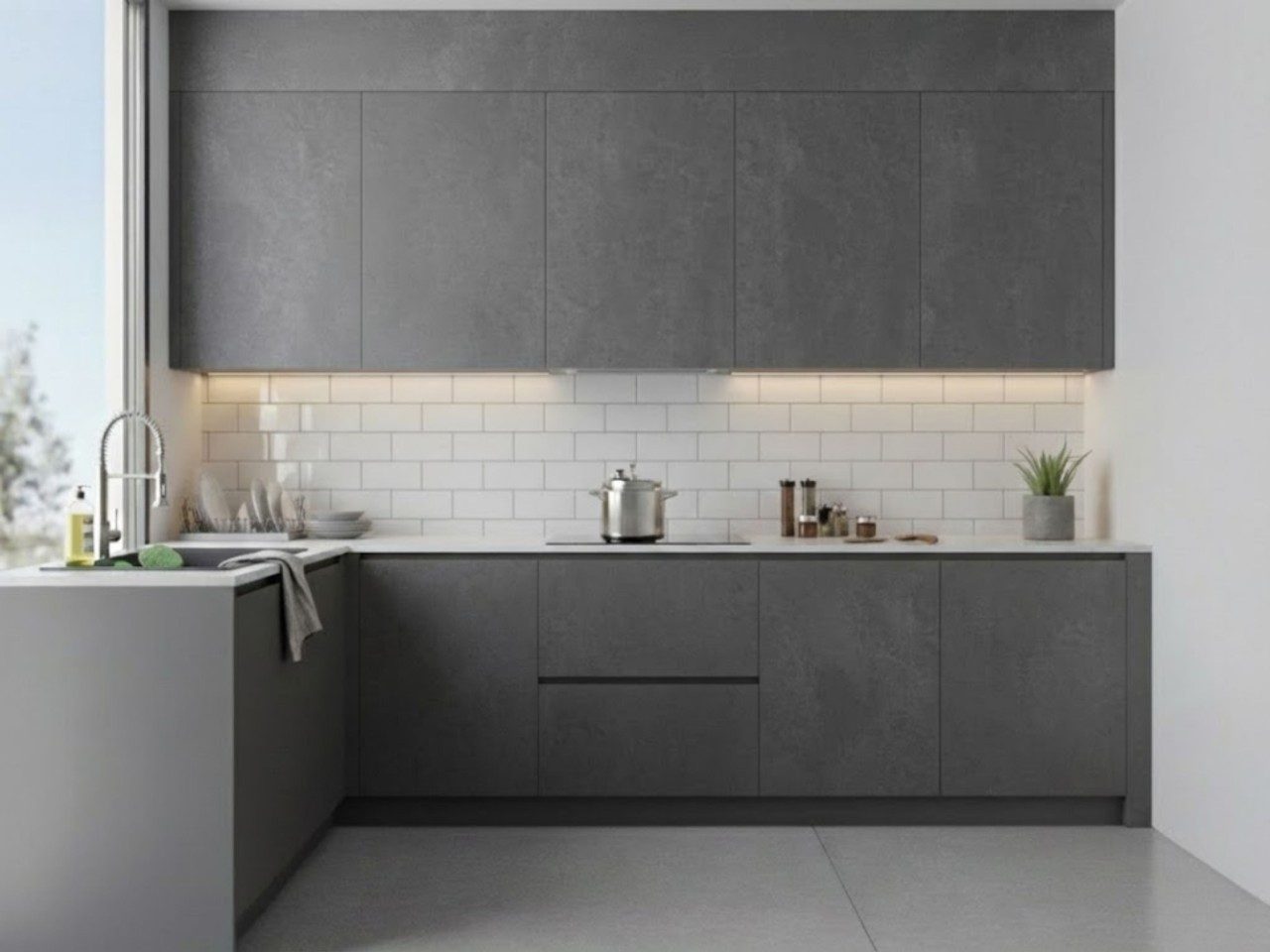 Contemporary L Shaped Kitchen with Marble Top Grey modular kitchen with marble countertop and window - Beautiful Homes