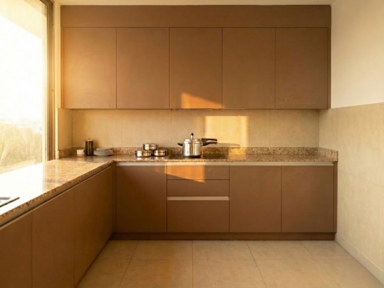 Modern Beige Kitchen with Natural Light Beige kitchen with L shaped layout and natural light - Beautiful Homes
