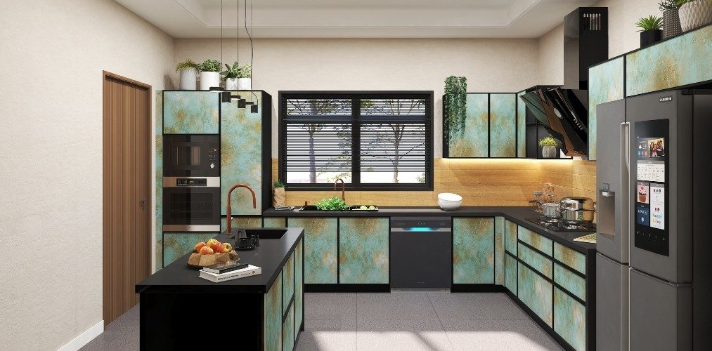 L-shaped kitchen with textured laminate and black granite countertop L-shaped kitchen with textured laminate and black granite countertop-Beautiful Homes