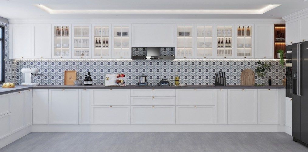 L shaped white kitchen with grey countertop L shaped white kitchen with grey countertop-Beautiful Homes