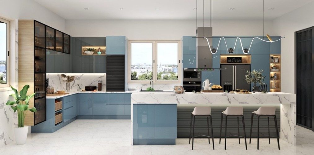Luxury kitchen with glossy blue acrylic cabinets and white countertop Luxury kitchen with glossy blue acrylic cabinets and white countertop-Beautiful Homes