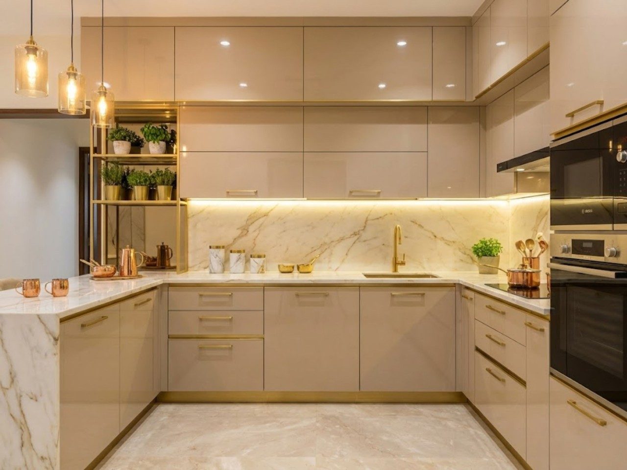 Modern L shaped kitchen with marble and gold décor - Beautiful Homes