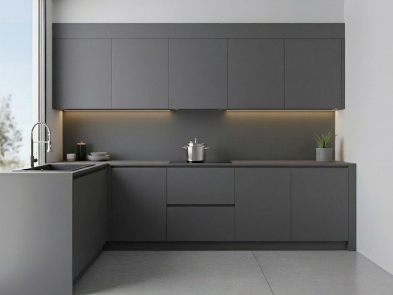 L Shaped Modern Grey Kitchen with Window Modern grey kitchen with cabinets and natural light - Beautiful Homes