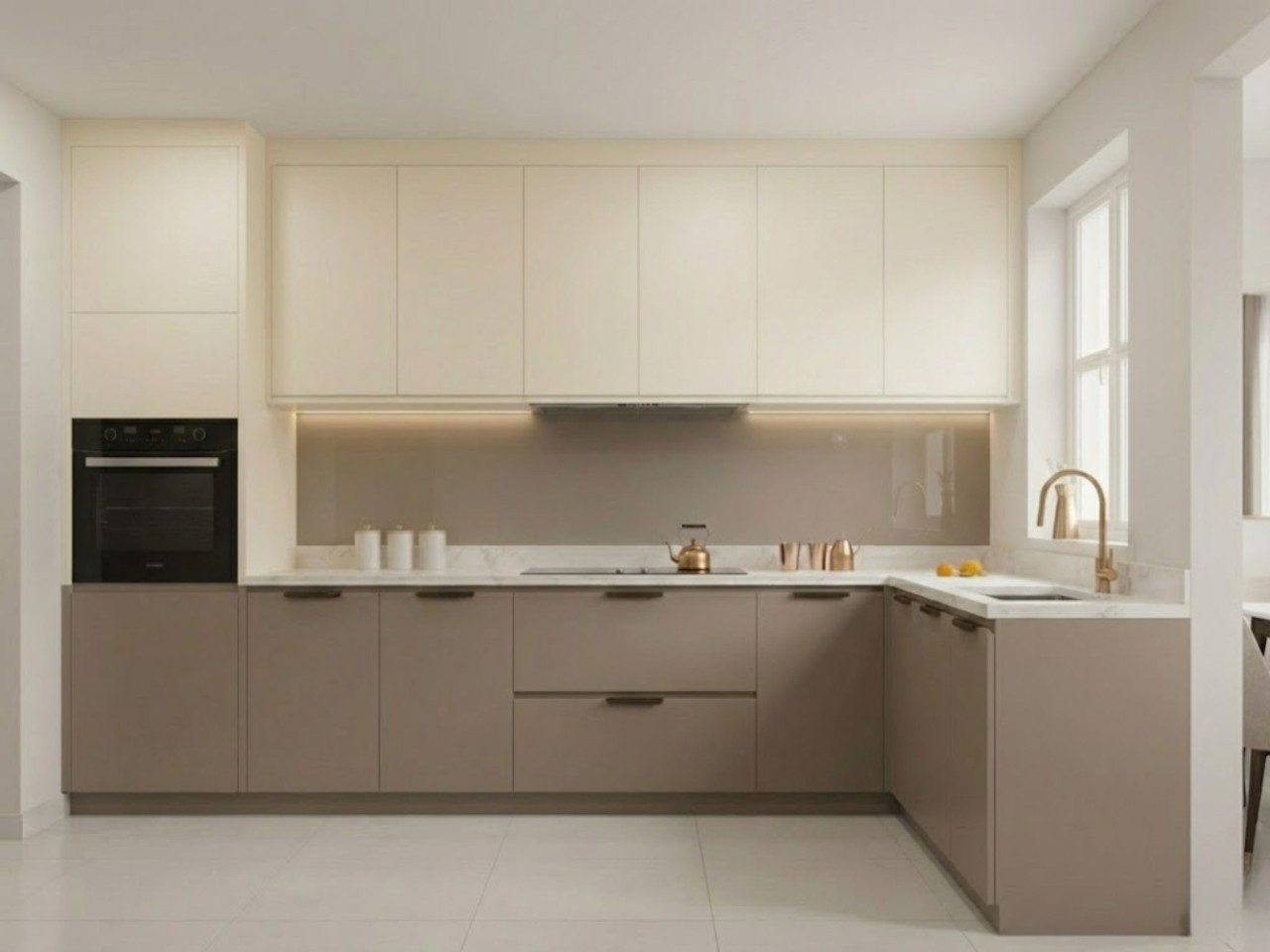 Elegant Beige and White L Shaped Kitchen Beige L shaped kitchen with marble countertops - Beautiful Homes