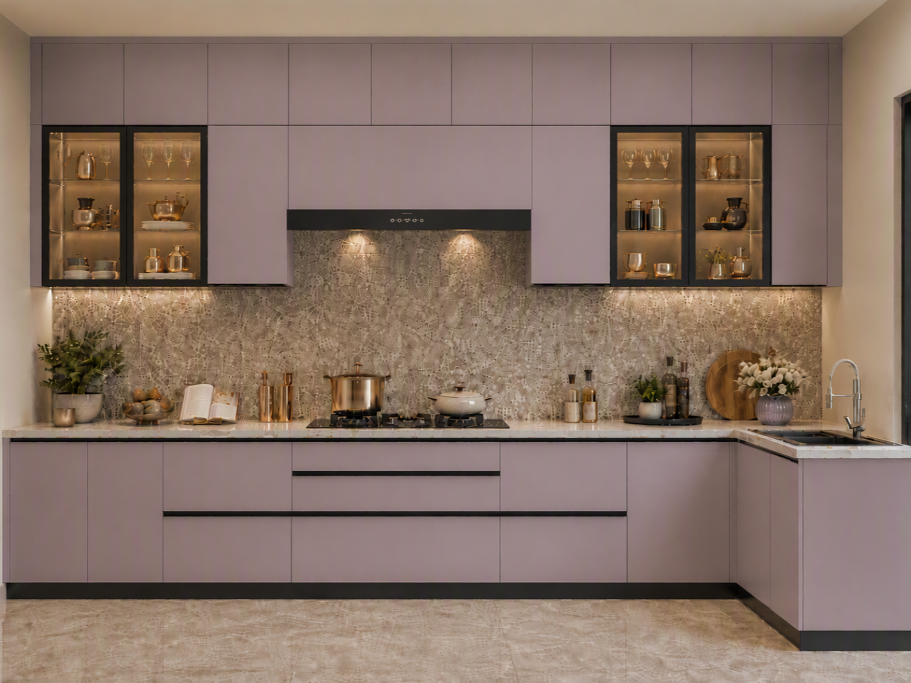 Dusty Mauve Modular Kitchen with Textured Stone Backsplash and Glass Cabinets Modern L-shaped dusty mauve modular kitchen featuring a textured stone backsplash and illuminated glass upper cabinets - Beautiful Homes